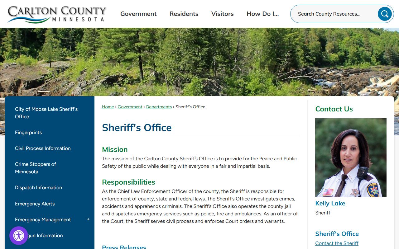 Carlton County Sheriff's Office 24 hour booking resources