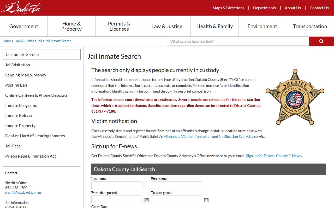 Dakota County 24 hour booking inmate search tool