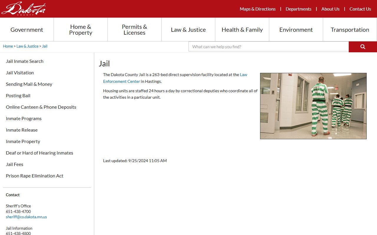 Dakota County Jail 24 hour booking information page