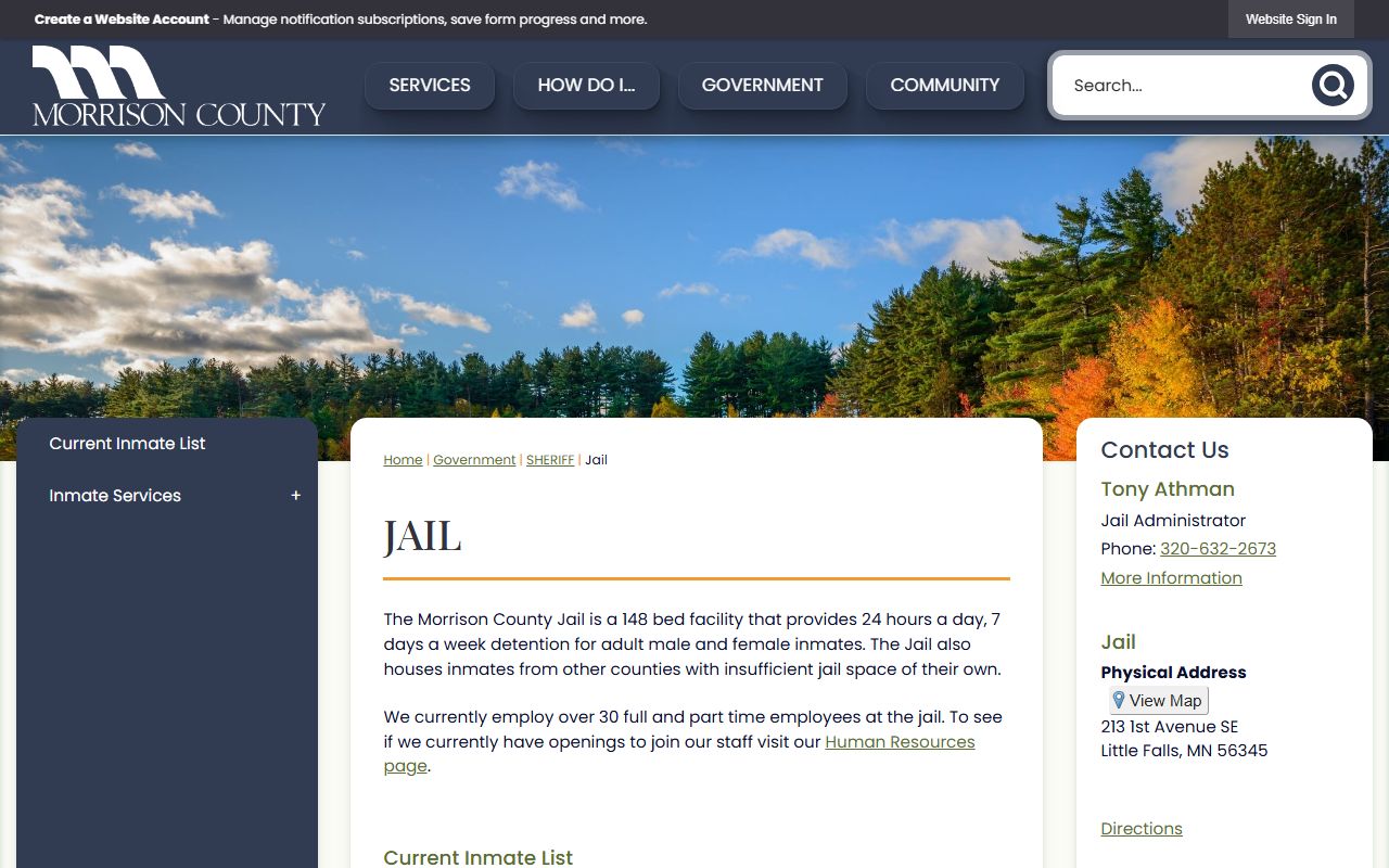 Morrison County 24 hour booking jail page with inmate roster