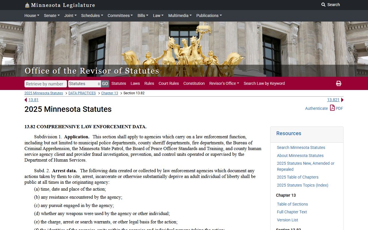 Minnesota Statute 13.82 law enforcement data 24 hour booking