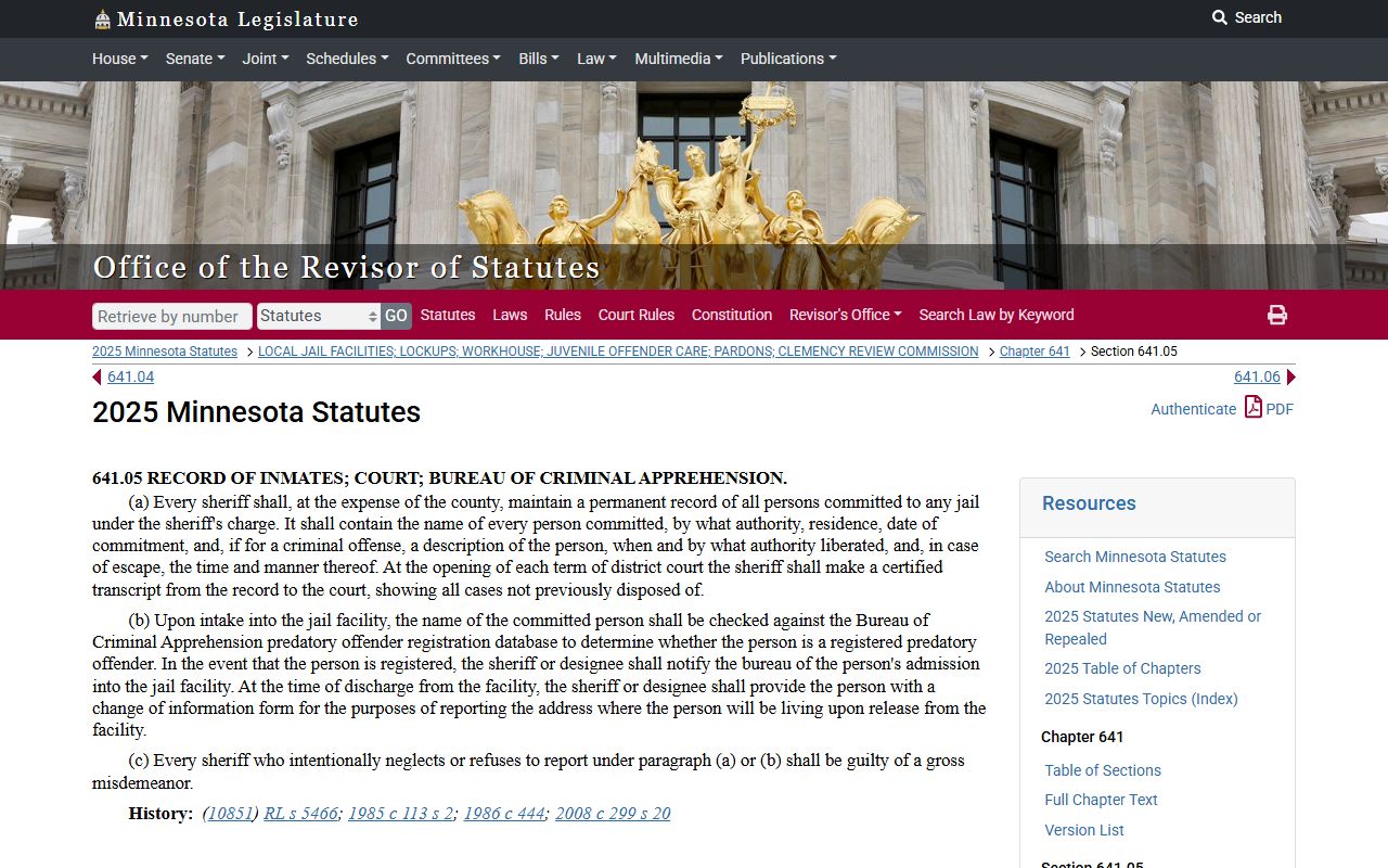 Minnesota Statute 641.05 jail records 24 hour booking